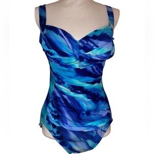 TRIMSHAPER Swimsuit Tummy Control Ruched & Adjustable Straps Blue Purple Size 12